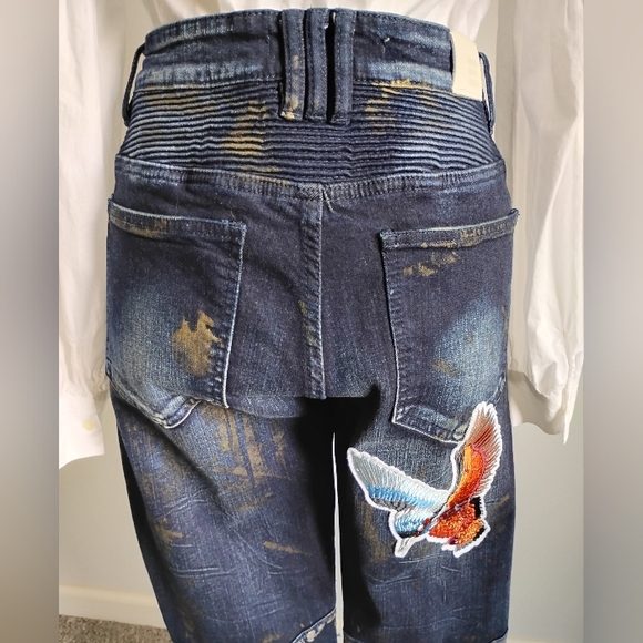 Embellish Distressed Embroidered Patched Spencer Biker Denim Jeans Size 30 - Picture 5 of 15